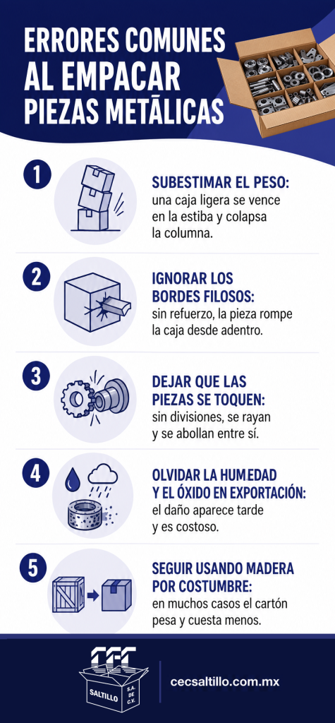 Errores comunes al empacar piezas metálicas Subestimar el peso: una caja ligera se vence en la estiba y colapsa la columna. Ignorar los bordes filosos: sin refuerzo, la pieza rompe la caja desde adentro. Dejar que las piezas se toquen: sin divisiones, se rayan y se abollan entre sí. Olvidar la humedad y el óxido en exportación: el daño aparece tarde y es costoso. Seguir usando madera por costumbre: en muchos casos el cartón pesa y cuesta menos. 