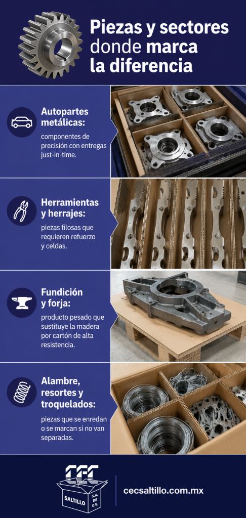 Piezas y sectores donde marca la diferencia Autopartes metálicas: componentes de precisión con entregas just-in-time. Herramientas y herrajes: piezas filosas que requieren refuerzo y celdas. Fundición y forja: producto pesado que sustituye la madera por cartón de alta resistencia. Alambre, resortes y troquelados: piezas que se enredan o se marcan si no van separadas. 