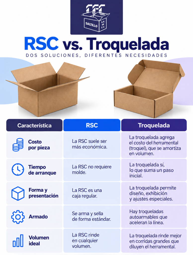 Tabla comparativa Costo por pieza: la RSC suele ser más económica; la troquelada agrega el costo del herramental (troquel), que se amortiza en volumen. Tiempo de arranque: la RSC no requiere molde; la troquelada sí, lo que suma un paso inicial. Forma y presentación: la RSC es una caja regular; la troquelada permite diseño, exhibición y ajustes especiales. Armado: hay troqueladas autoarmables que aceleran la línea; la RSC se arma y sella de forma estándar. Volumen ideal: la RSC rinde en cualquier volumen; la troquelada rinde mejor en corridas grandes que diluyen el herramental. 